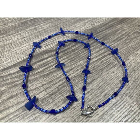 Vintage Handmade Cobalt Blue Natural Sea Glass Beach Necklace 23” Sterling 925 - Picture 5 of 7
